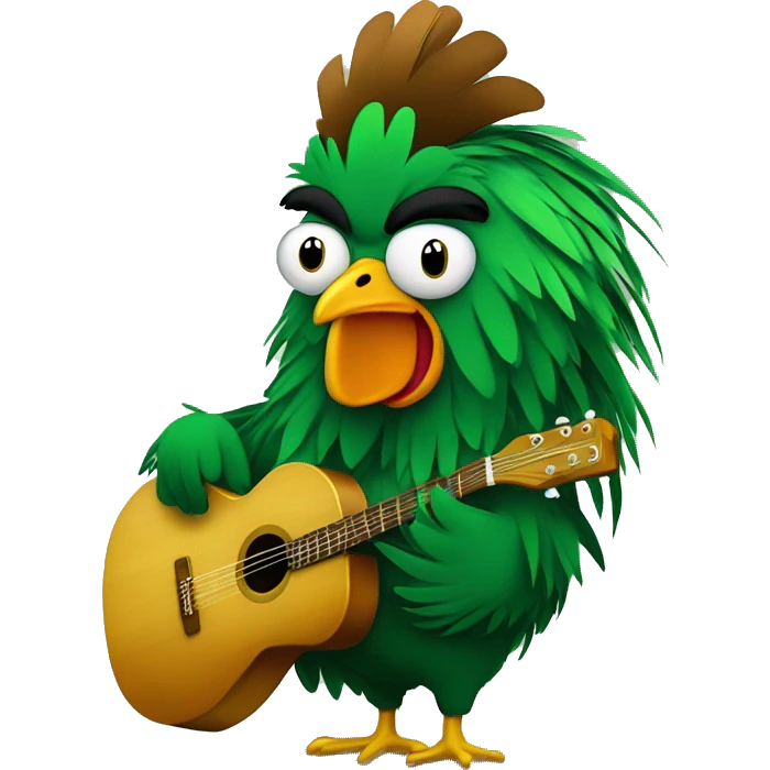 Guitarist rooster with shiny green body feathers and brown neck feathers emoji