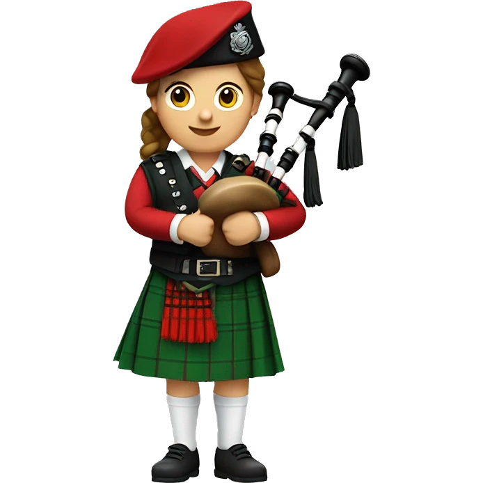 Female Bagpipe player red kilt, white socks, green beret emoji
