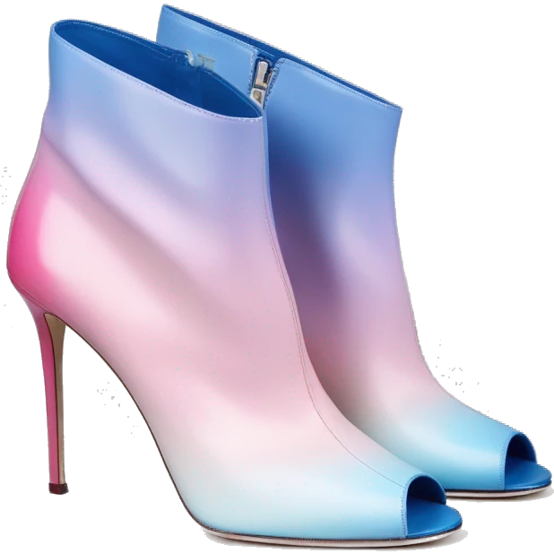 Realistic isolated top view of a pair of bubblegum pink,periwinkle off white,,pastel pink and pastel light blue ombre Jimmy Choo stiletto peep toe ankle boots. emoji