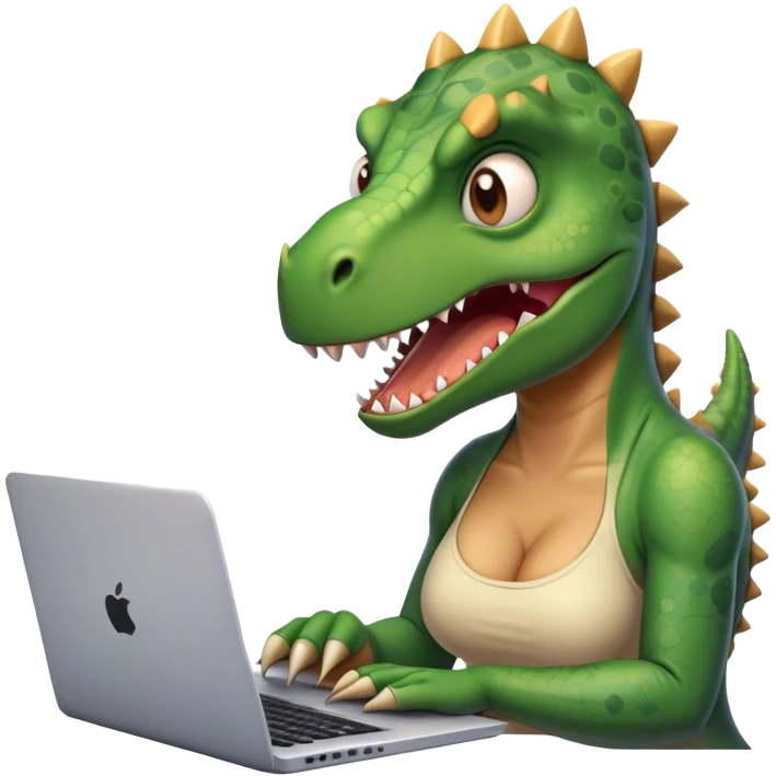 tired lady dinosaur with angry face working on laptop  emoji