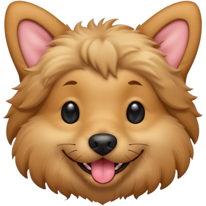 Dog face only, light brown fluffy dog, darker ears, small black nose, happy smiling with tongue out, simple emoji icon. emoji