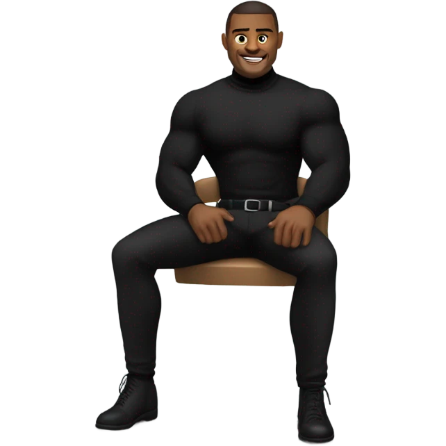 muscle man in black turtleneck shirt and black pants sitting in chair without handles emoji