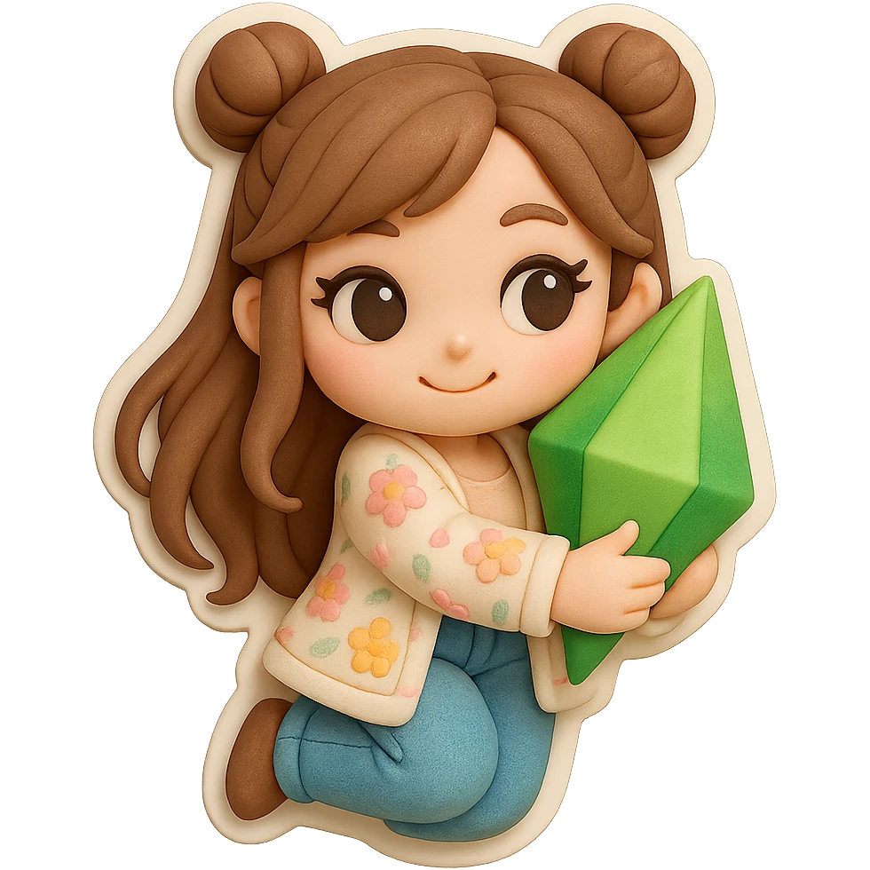 3D chibi girl fondant cake art style, high-quality rendering with smooth shadows and soft gradients, long brown hair in two space buns, brown eyes, jeans, pastel floral cardigan, thick white outline like a sticker, transparent background, flirty holding and hugging a Plumbob, preserve facial features from reference image emoji