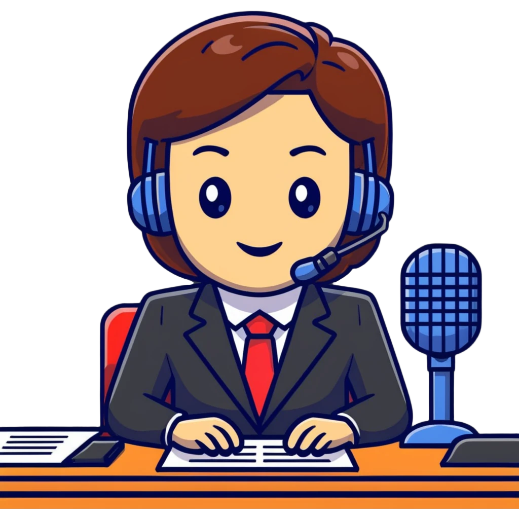 news anchor reporting at desk with microphone emoji