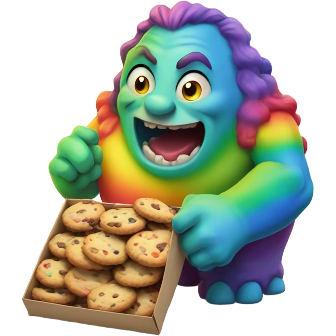 Giant rainbow ogre with sharp teeth eating a box of cookies with crumbs going everywhere emoji