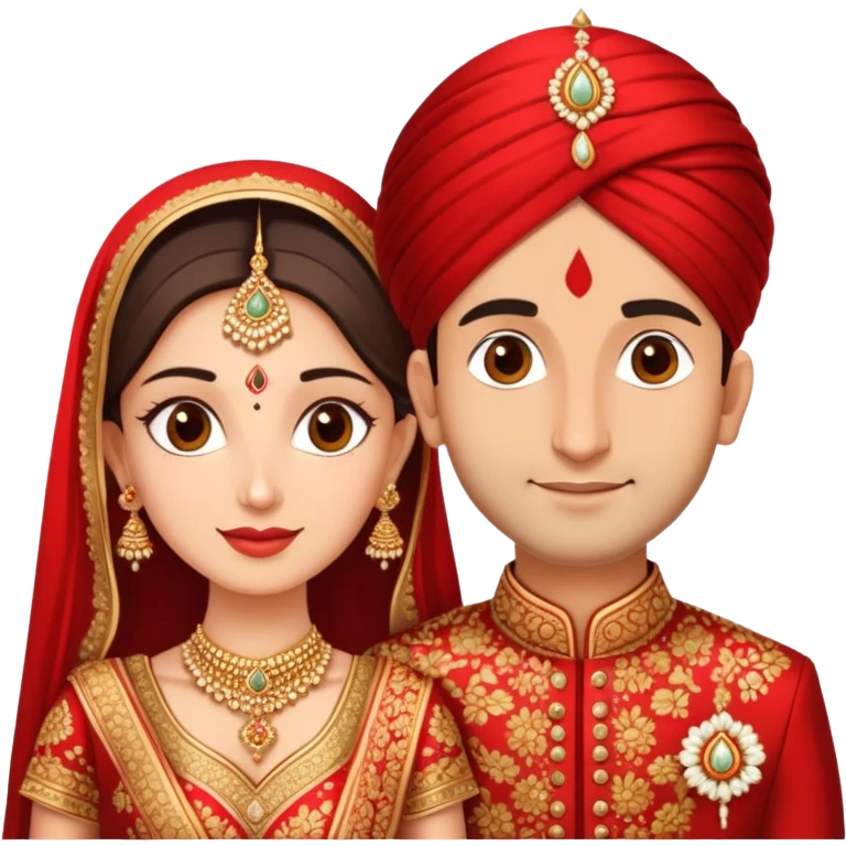Indian married couple in traditional wedding attire, bride in red and gold wedding lehenga or saree, groom in sherwani, both with fair skin, groom is clean shaven emoji
