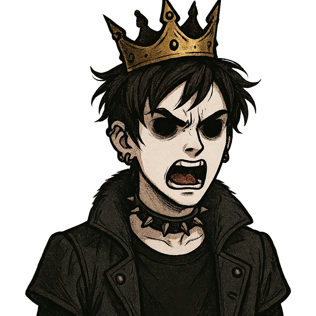 furious prince with crown, white complexion, black eyes, dark brown hair, alternative style emoji