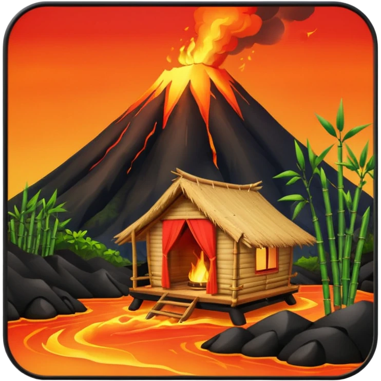 bamboo hut front of the volcano lava flowing emoji