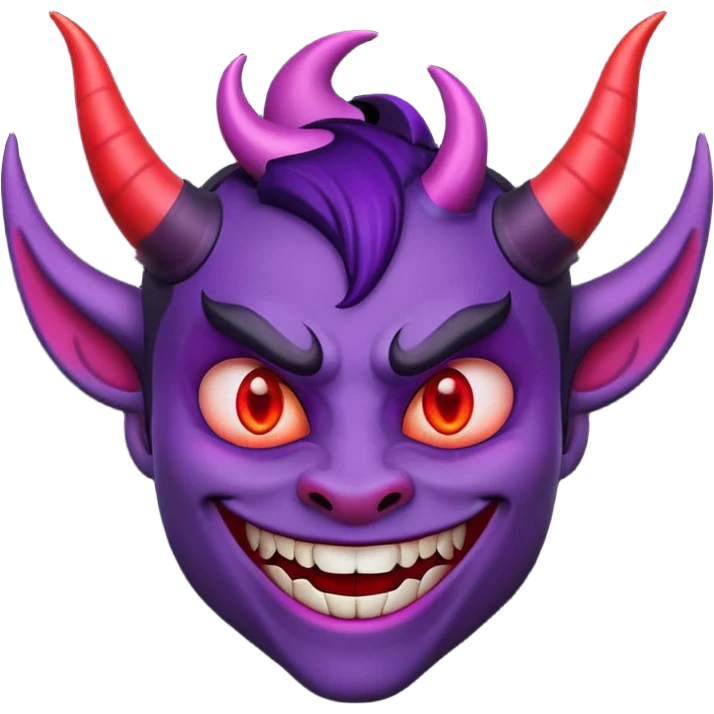"Smiling face with horns devil emoji, purple skin, curved black horns, mischievous grin with fangs, pointed eyebrows, glowing red eyes, simple white background, cartoon emoji style, high detail, vibrant colors, isolated emoji
