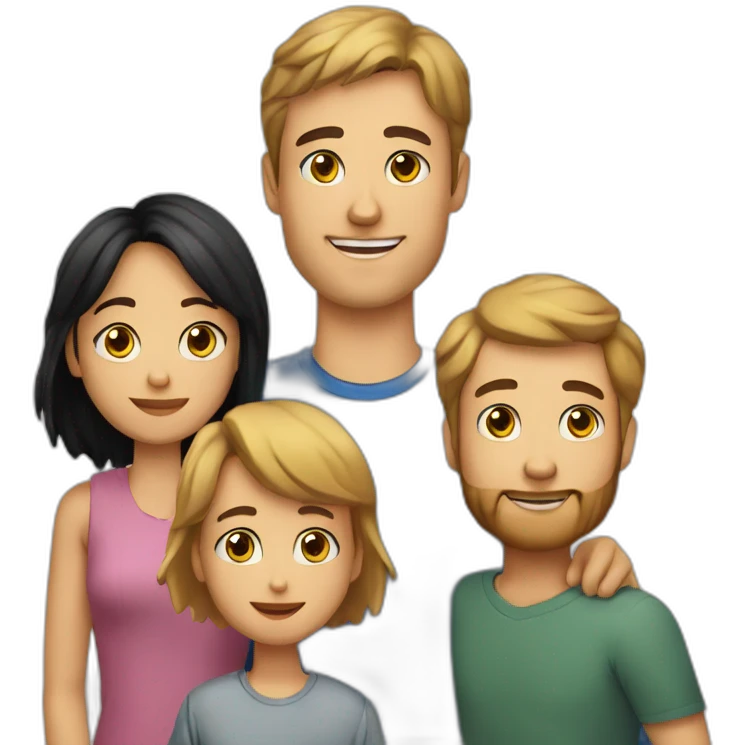 Family; -young skinny Caucasian brunnet dad-, -young Caucasian black haired dad-,-golden retriever- emoji
