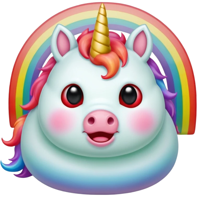 Small chubby unicorn coloured jade, black and red eyes, farting rainbow emoji