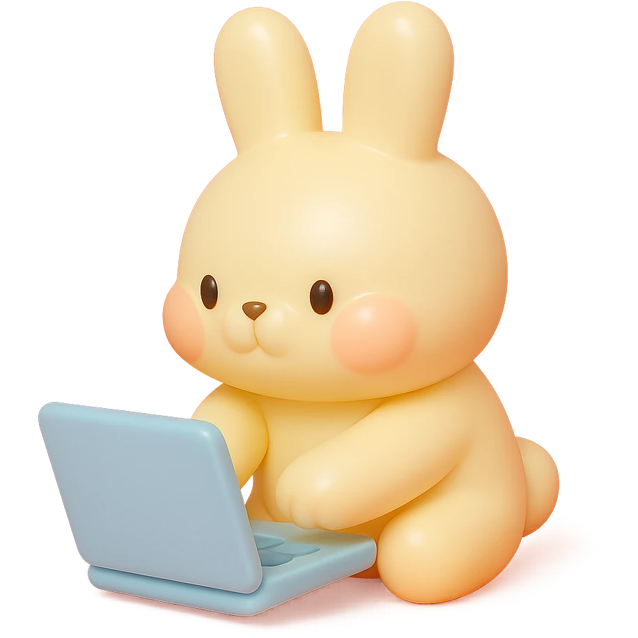vanilla bunny typing fast, cheeks puffed, vinyl figure style emoji