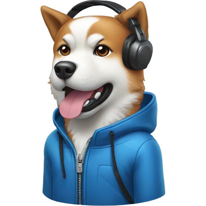 red dog akita inu  in blue jacket, with microphone and gaming headsets emoji