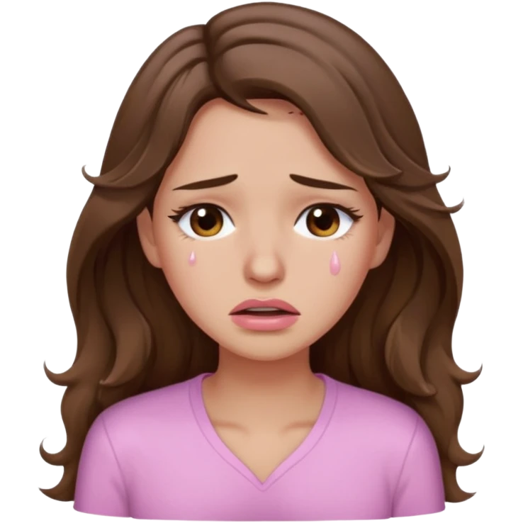girl with wavy long brown hair, brown eyes, light to medium complexion, long lashes, light pink lipstick, wearing light pink shirt, crying big tears emoji