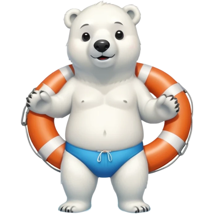 full body friendly anthropomorphised polar bear wearing swim shorts, life buoy around waist, swim goggles, standing with water pooled around feet emoji