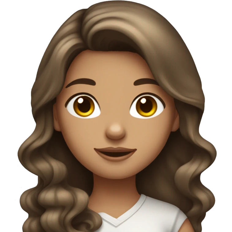 Tanned brunette long wavy hair girl holding a cute dilute calico cat emoji