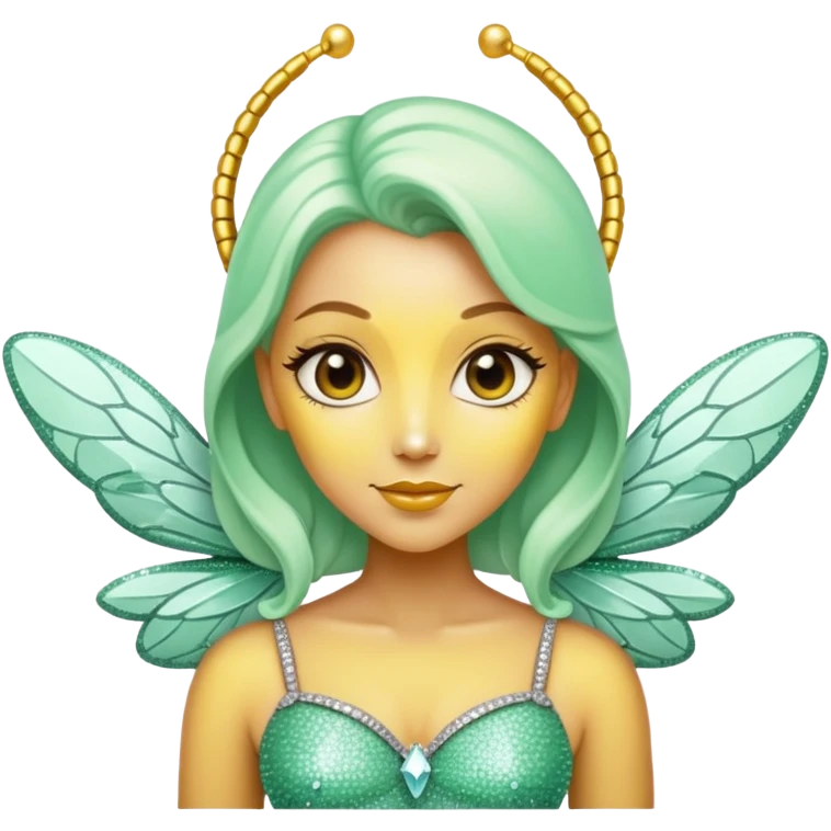 Mint green woman bee with diamond wings, sparkly rhinestones, and glitter accents emoji