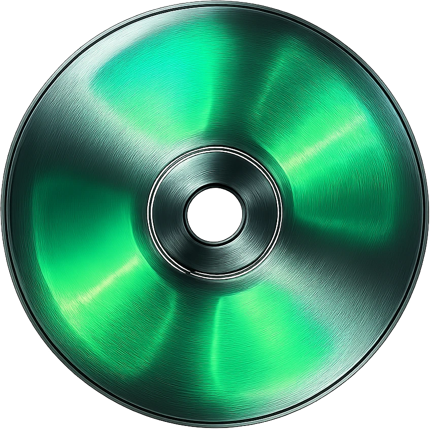 A minimalist CD disc with abstract pattern, glowing effect, green color emoji