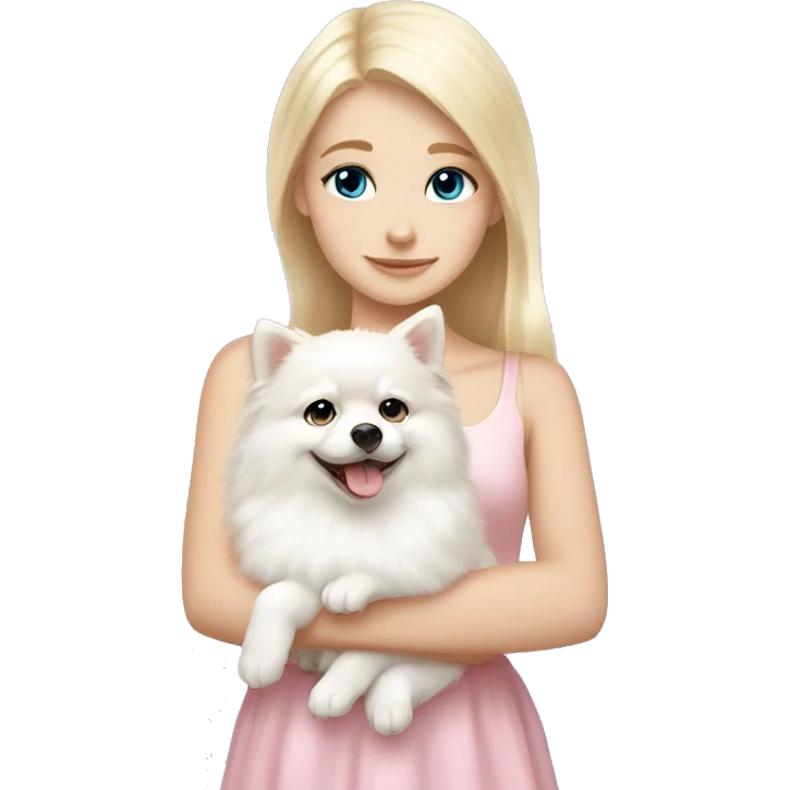 Blond girl white skin blue eyes hugging white Pomeranian with light pink bow emoji