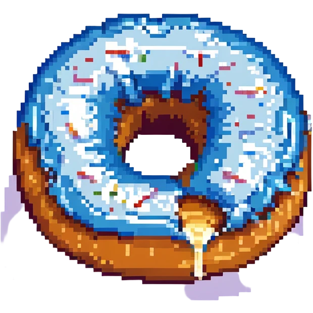 a donut with white creme leaking out, tired face, pixel art style emoji