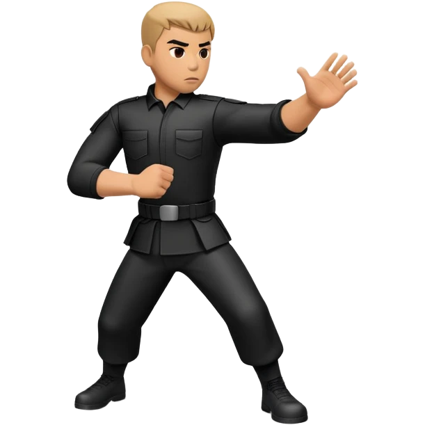 A tactical Krav Maga figure in black uniform, blocking an attack with a defensive arm motion, serious expression, symbolizing real-world combat, minimal but strong design emoji