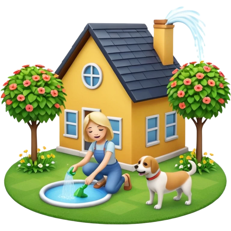 Make a 3D emoji Illustration of A house and there is a woman watering her plants while a dog is playing around on the grass emoji