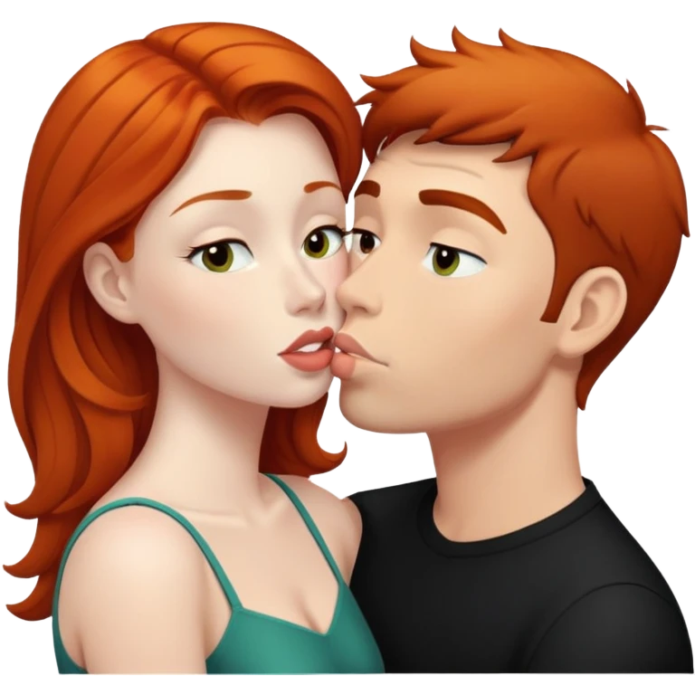 Ginger haired woman kissing man with black hair emoji