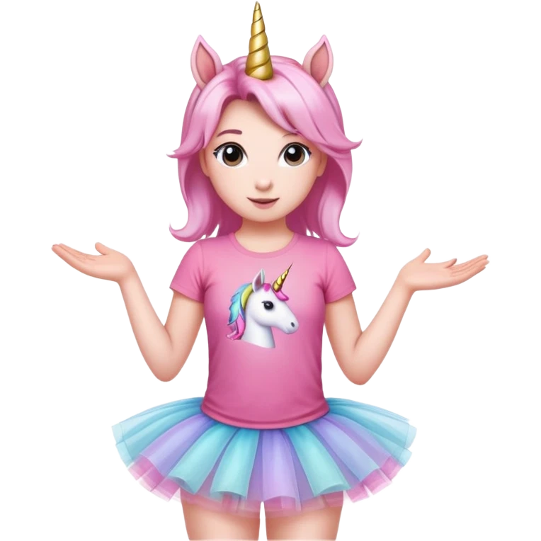 head of an anthropomorphised female unicorn in tutu and pink t-shirt, standard pose emoji