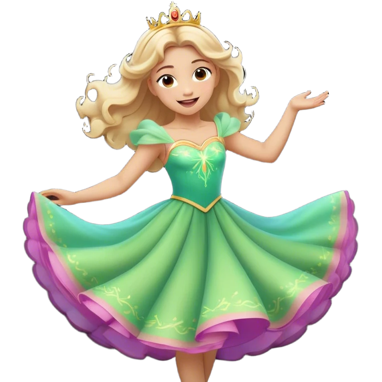 Cinematic Playful Aurora Portrait Emoji, Spinning in her dress, arms gracefully extended, eyes filled with laughter, exuding joy and charm, a princess dancing through her dreams! emoji