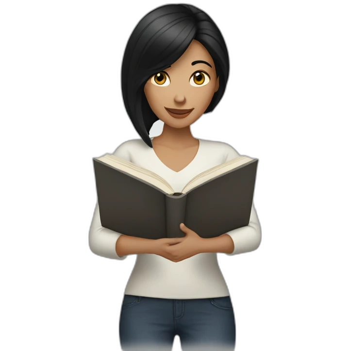 White woman with black hair reading emoji