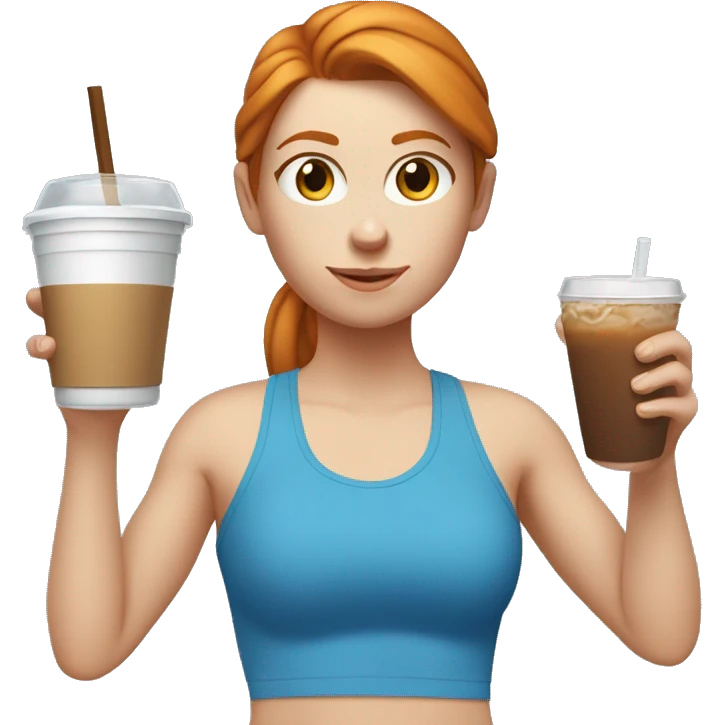 Ginger straight haired white girl in blue sports bra and leggings drinking brown iced coffee emoji