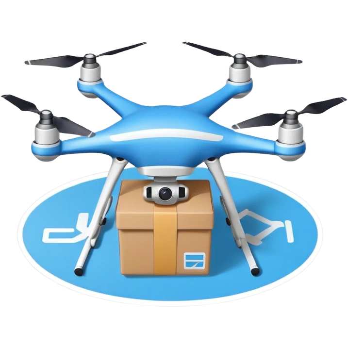 Delivery drone sticker, quadcopter carrying small package box, friendly design, simple flat vector style, soft shadow, white outline, transparent background emoji