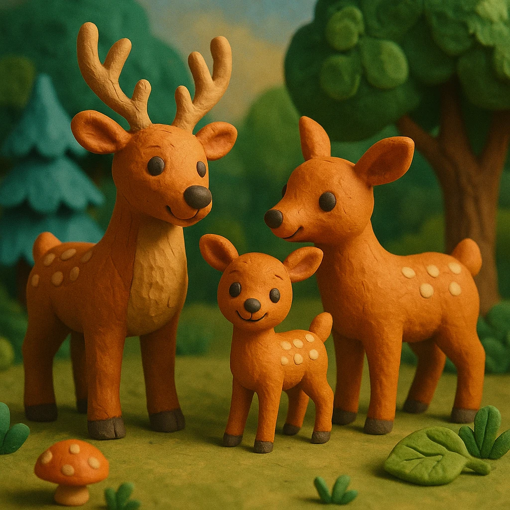 deer family in a woodland clearing, vibrant colors, cheerful and cozy, claymation style emoji