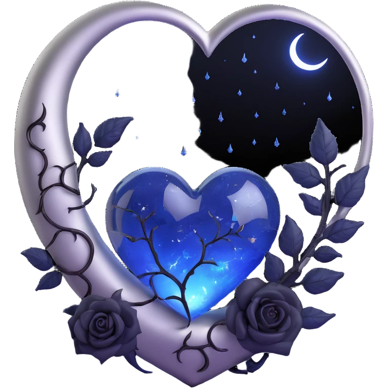 gothic heart, midnight blue glass, silver crescent moon, black roses, stardust, lightning, rain, cracked glass, futuristic style emoji