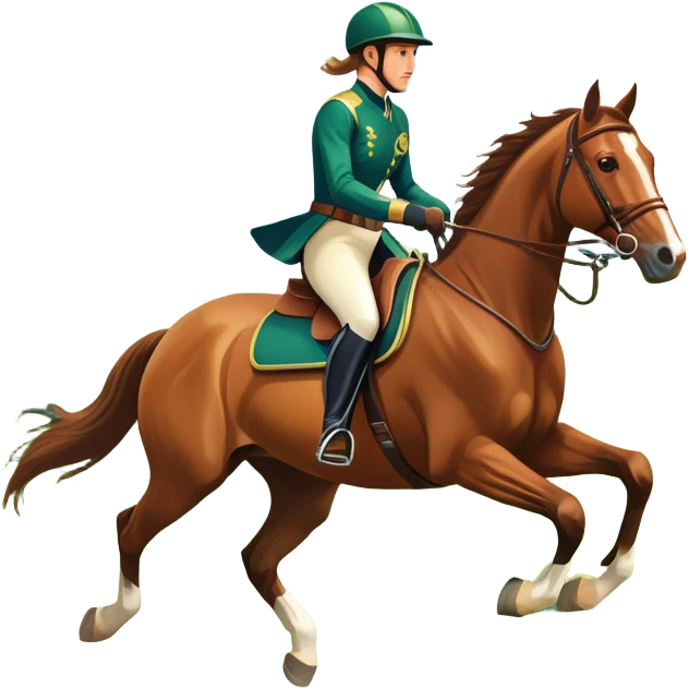 An icon featuring a horse and rider galloping gracefully over a lush green field. The rider is in full gear, guiding the horse with precision. The background shows rolling hills, a clear blue sky, and vibrant sunlight illuminating the scene. Transparent background highlights the elegance emoji