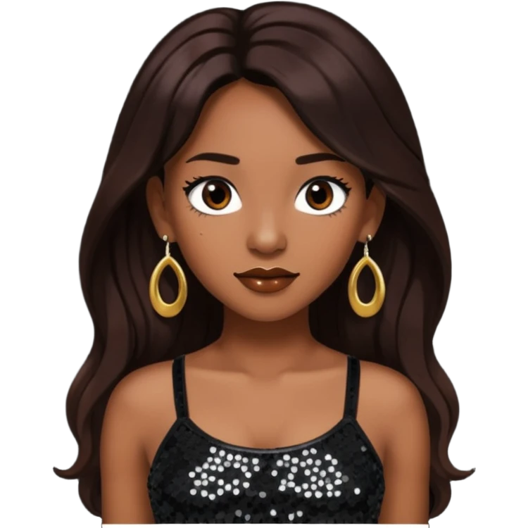 Chilli from TLC with long dark brown hair, black sequin crop top, black earring emoji
