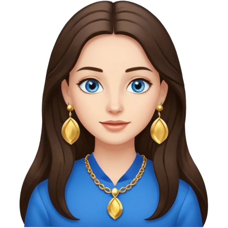 
Create an emoji of a brunette with blue eyes. She should have long hair, stylish clothing, and a friendly facial expression. Add some accessories like earrings or glasses to make the look more interesting. emoji