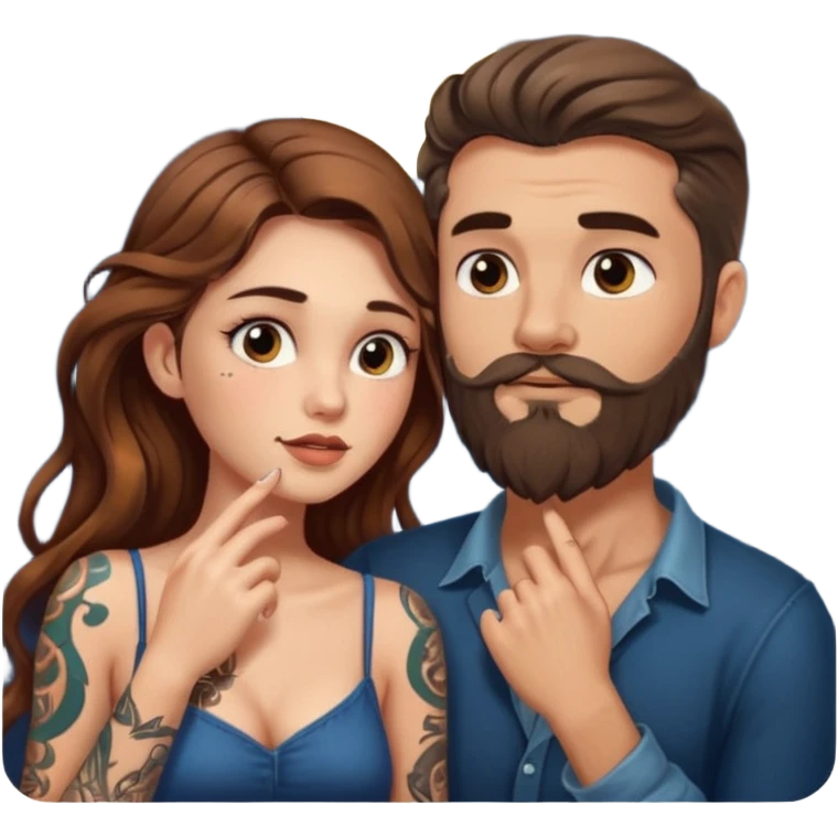 woman with long wavy brown hair tattoos and bearded man, she holds his chin, close flirty stare, moonlight glow emoji