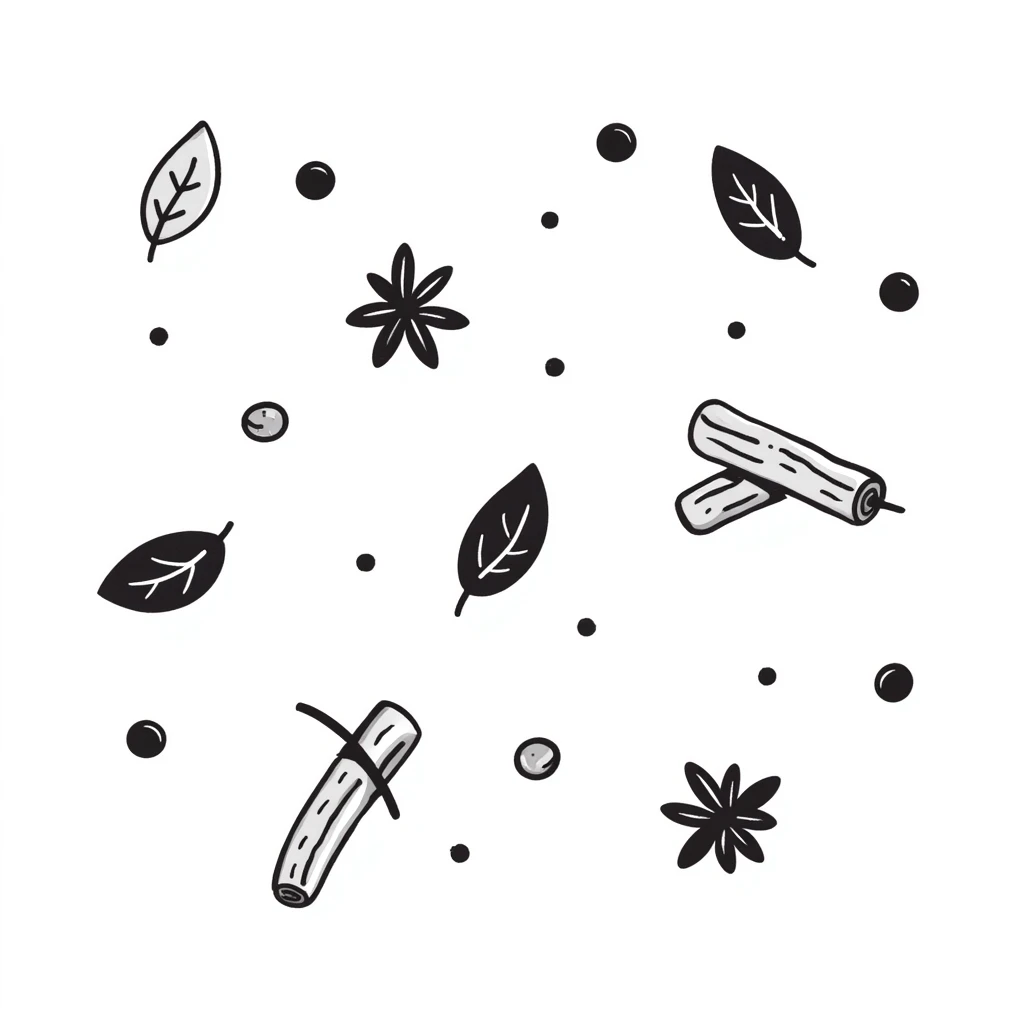 Hand-drawn collection of spices including peppercorns, bay leaves, cinnamon sticks, and star anise emoji