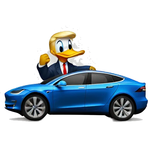 Donald trump as Donald Duck sitting on top of a Tesla  emoji