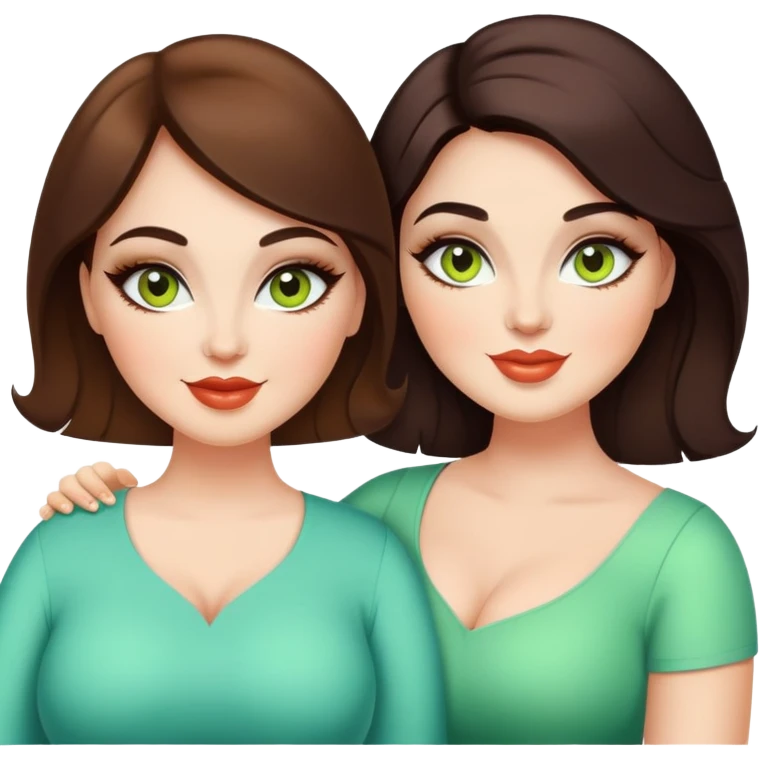 Happy curvy sisters, brunettes, chartreuse eyes, makeup, stylish emoji