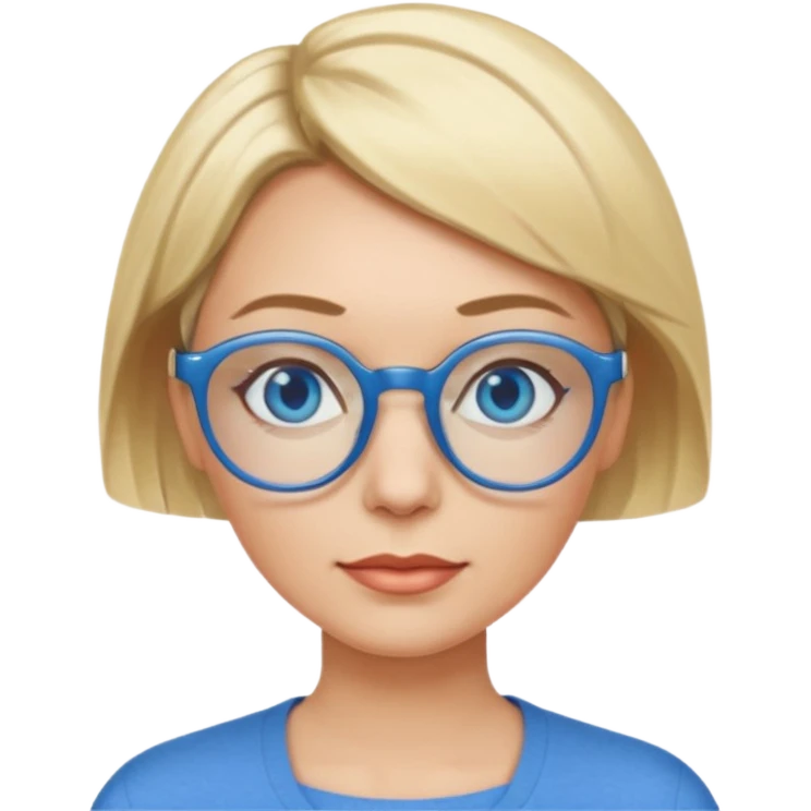 femme 40 ans cheveux extremement courts blond avec raie sur le coté, yeux bleu et lunettes rondes bleues emoji