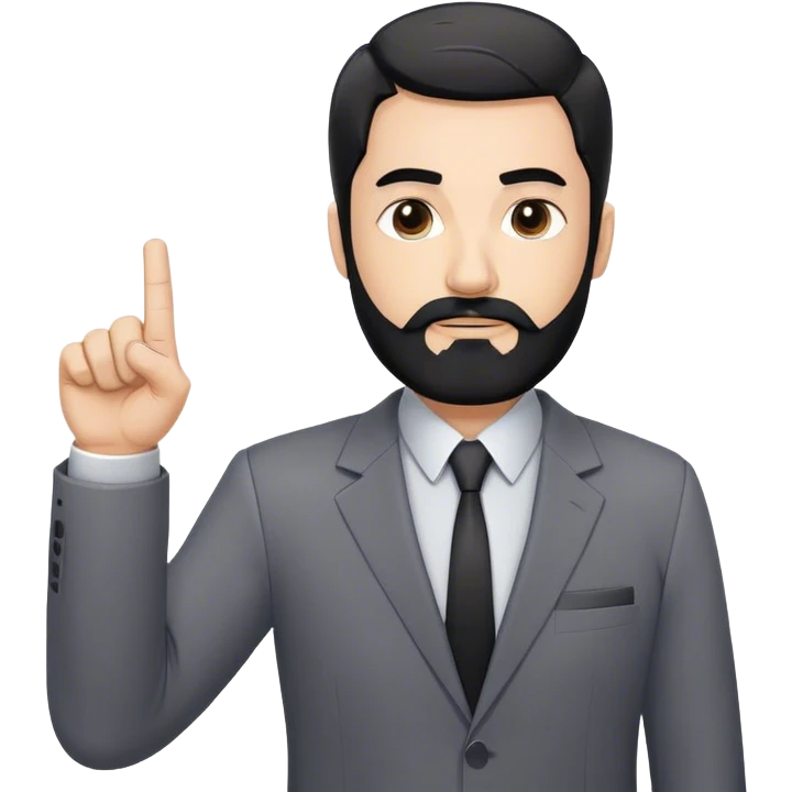 Emoji-style cartoon man, 50s, black beard with gray streaks, wearing a business suit. Raises right index finger upward (↑) to signal 'attention!' Simple design, bold lines, minimal details emoji