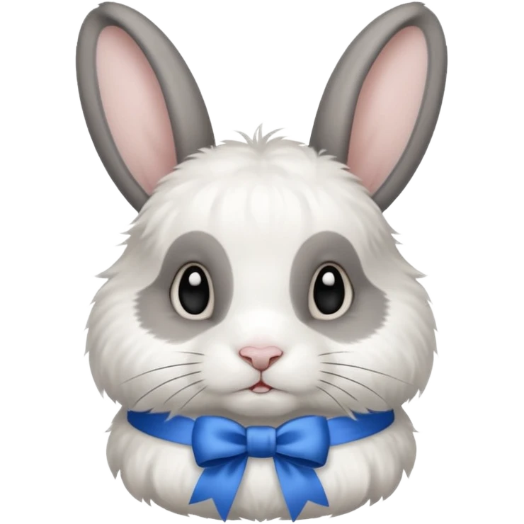 a white and black realistic domestic rabbit with a blue ribbon on its neck emoji