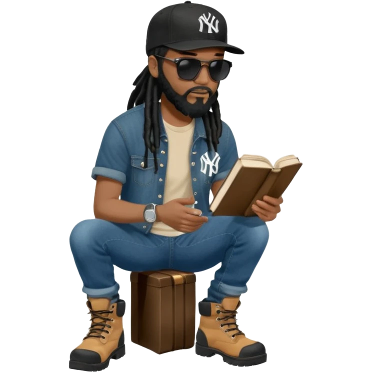 African American man with shoulder length black dreadlocks with black beard wearing black sunglasses with a black New York Yankees logo baseball cap wearing denim skinny jeans and Timberland boots reading a Bible emoji