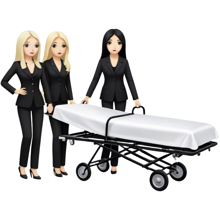 Two woman with long hair. One has black hair and one is blond. They have black pants suits on. And they are pushing a funeral stretcher in to a black Mercedes Vito funeral car. On the stretcher is a body covered in white sheets emoji