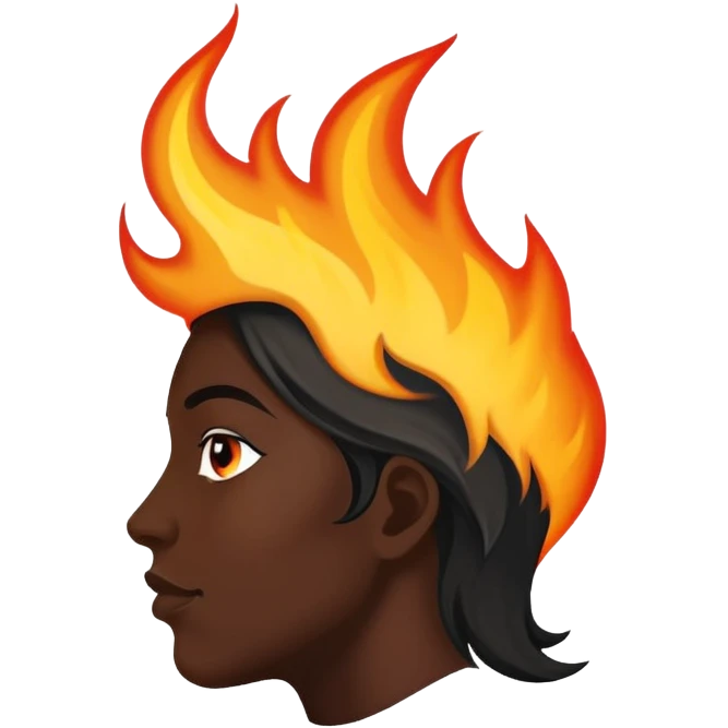 side face with flame for hair sticking out, with icon black skin emoji