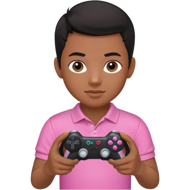 generate a pretty tan bratz boy with a pink polo. Holding a gaming controller in hand. Black hair emoji