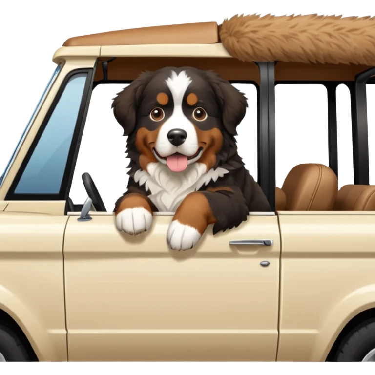 Bernese mountain dog in a cream colored ford bronco with no roof emoji