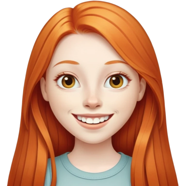 traditional emoji of young girl with very pale skin, long straight bright ginger red hair, elongated almond-shaped eyes, long nose, big smile with large prominent teeth showing, classic round face emoji